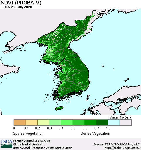 Korea NDVI (PROBA-V) Thematic Map For 6/21/2020 - 6/30/2020