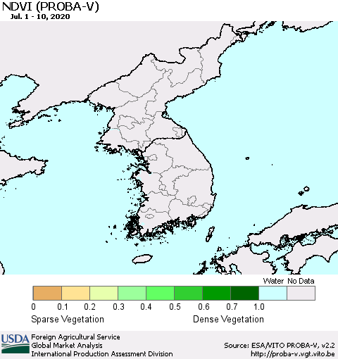 Korea NDVI (PROBA-V) Thematic Map For 7/1/2020 - 7/10/2020