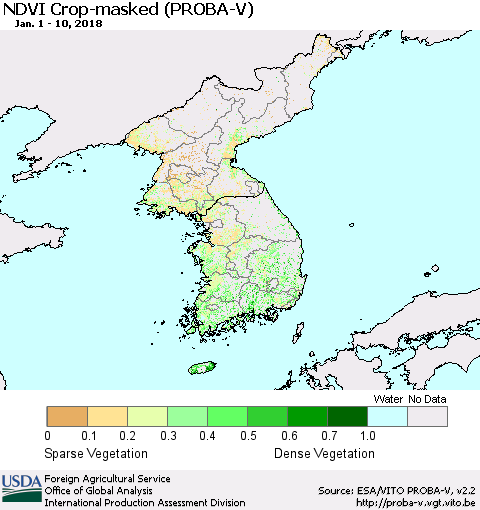 Korea NDVI Crop-masked (PROBA-V) Thematic Map For 1/1/2018 - 1/10/2018