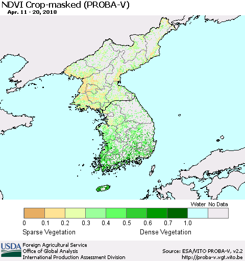 Korea NDVI Crop-masked (PROBA-V) Thematic Map For 4/11/2018 - 4/20/2018
