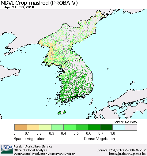 Korea NDVI Crop-masked (PROBA-V) Thematic Map For 4/21/2018 - 4/30/2018
