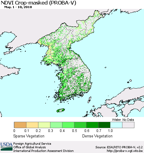 Korea NDVI Crop-masked (PROBA-V) Thematic Map For 5/1/2018 - 5/10/2018