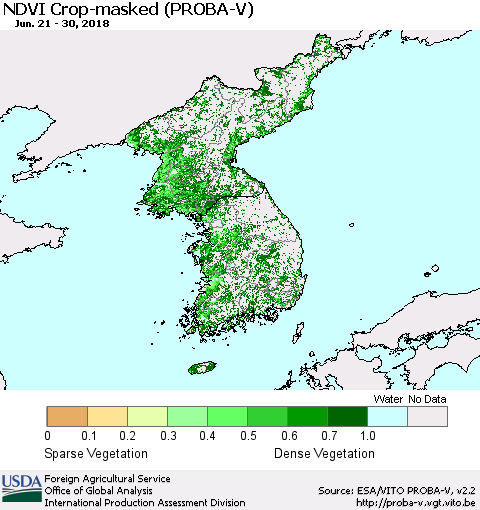 Korea NDVI Crop-masked (PROBA-V) Thematic Map For 6/21/2018 - 6/30/2018