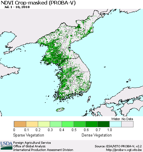 Korea NDVI Crop-masked (PROBA-V) Thematic Map For 7/1/2018 - 7/10/2018