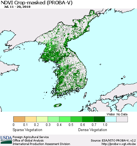 Korea NDVI Crop-masked (PROBA-V) Thematic Map For 7/11/2018 - 7/20/2018