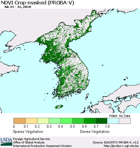 Korea NDVI Crop-masked (PROBA-V) Thematic Map For 7/21/2018 - 7/31/2018