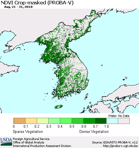 Korea NDVI Crop-masked (PROBA-V) Thematic Map For 8/21/2018 - 8/31/2018