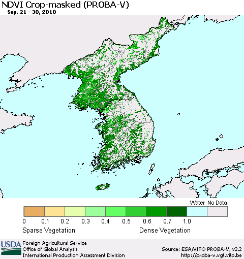 Korea NDVI Crop-masked (PROBA-V) Thematic Map For 9/21/2018 - 9/30/2018
