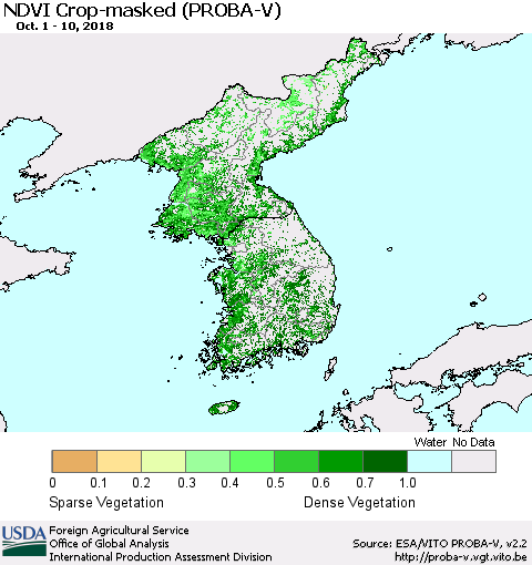 Korea NDVI Crop-masked (PROBA-V) Thematic Map For 10/1/2018 - 10/10/2018