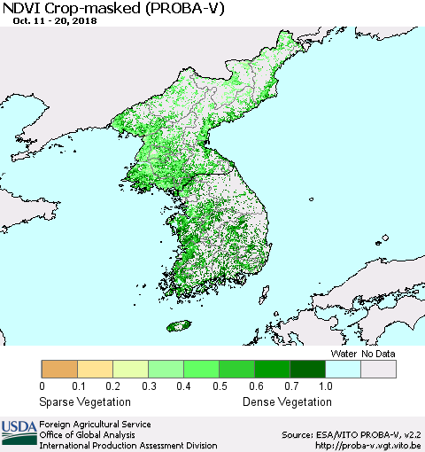 Korea NDVI Crop-masked (PROBA-V) Thematic Map For 10/11/2018 - 10/20/2018