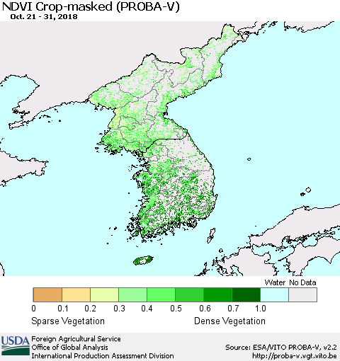 Korea NDVI Crop-masked (PROBA-V) Thematic Map For 10/21/2018 - 10/31/2018