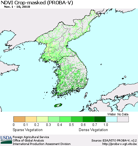 Korea NDVI Crop-masked (PROBA-V) Thematic Map For 11/1/2018 - 11/10/2018