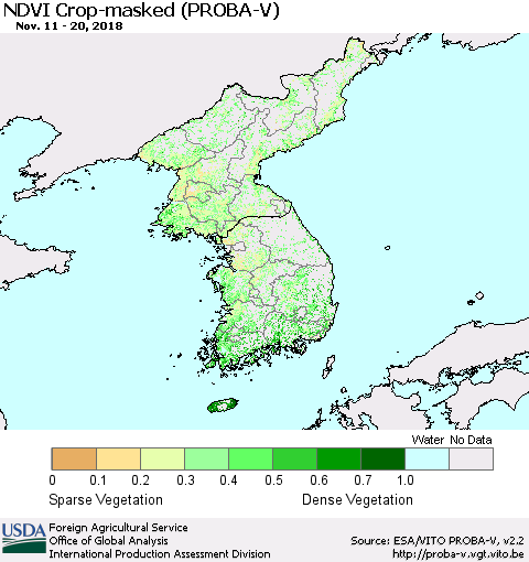 Korea NDVI Crop-masked (PROBA-V) Thematic Map For 11/11/2018 - 11/20/2018