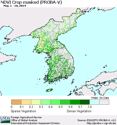 Korea NDVI Crop-masked (PROBA-V) Thematic Map For 5/1/2019 - 5/10/2019