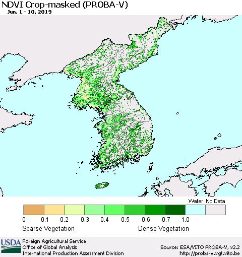 Korea NDVI Crop-masked (PROBA-V) Thematic Map For 6/1/2019 - 6/10/2019