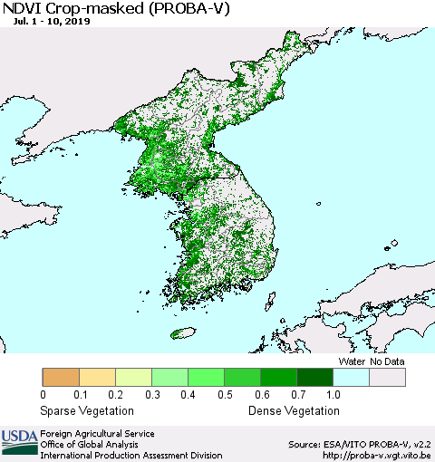 Korea NDVI Crop-masked (PROBA-V) Thematic Map For 7/1/2019 - 7/10/2019