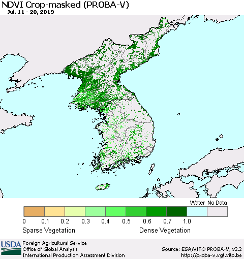 Korea NDVI Crop-masked (PROBA-V) Thematic Map For 7/11/2019 - 7/20/2019