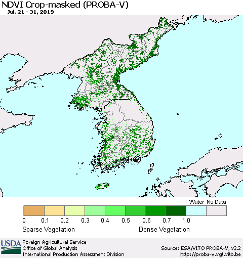 Korea NDVI Crop-masked (PROBA-V) Thematic Map For 7/21/2019 - 7/31/2019