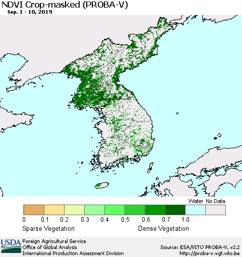 Korea NDVI Crop-masked (PROBA-V) Thematic Map For 9/1/2019 - 9/10/2019