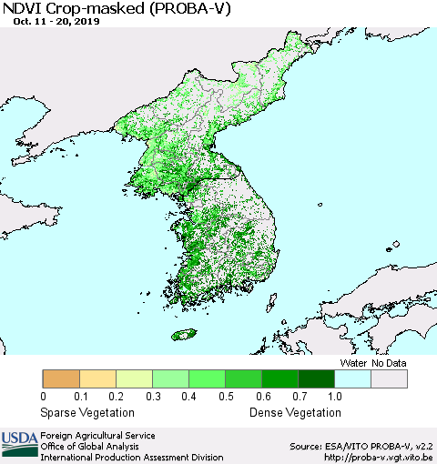 Korea NDVI Crop-masked (PROBA-V) Thematic Map For 10/11/2019 - 10/20/2019