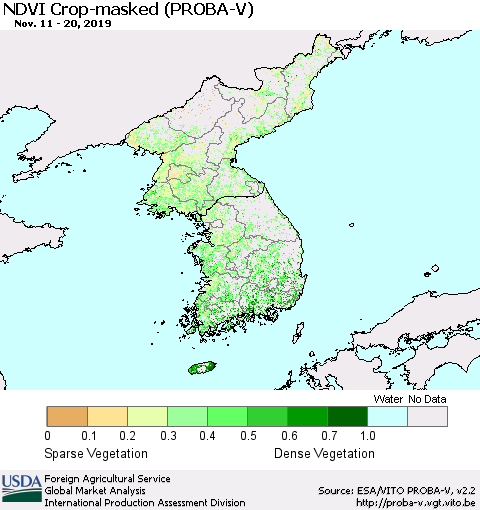 Korea NDVI Crop-masked (PROBA-V) Thematic Map For 11/11/2019 - 11/20/2019