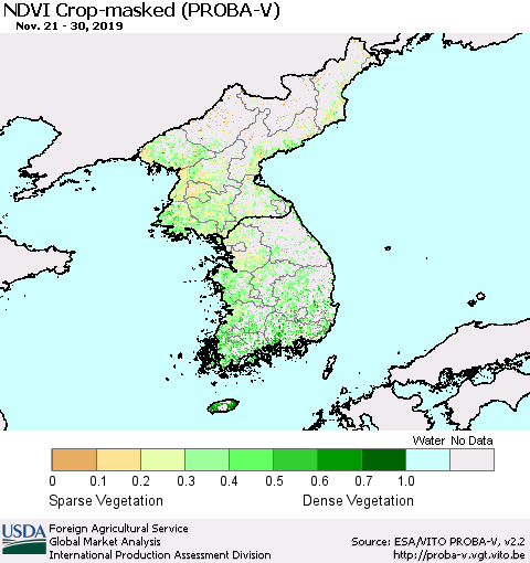 Korea NDVI Crop-masked (PROBA-V) Thematic Map For 11/21/2019 - 11/30/2019