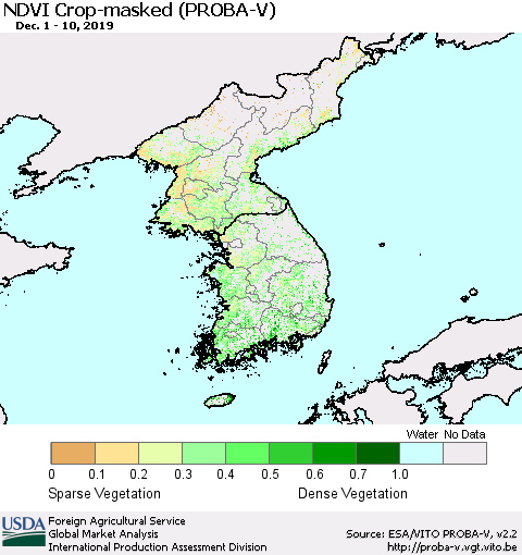 Korea NDVI Crop-masked (PROBA-V) Thematic Map For 12/1/2019 - 12/10/2019