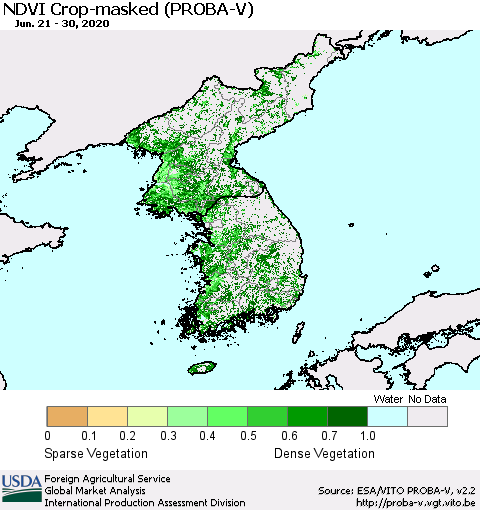 Korea NDVI Crop-masked (PROBA-V) Thematic Map For 6/21/2020 - 6/30/2020