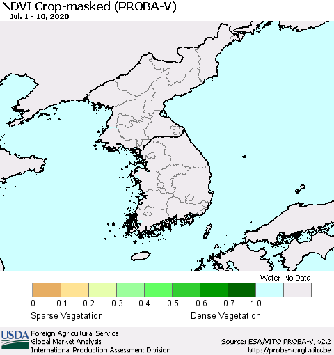 Korea NDVI Crop-masked (PROBA-V) Thematic Map For 7/1/2020 - 7/10/2020