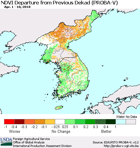 Korea NDVI Departure from Previous Dekad (PROBA-V) Thematic Map For 4/1/2018 - 4/10/2018