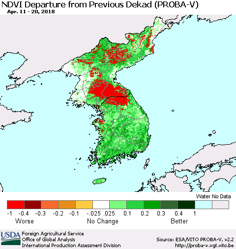 Korea NDVI Departure from Previous Dekad (PROBA-V) Thematic Map For 4/11/2018 - 4/20/2018