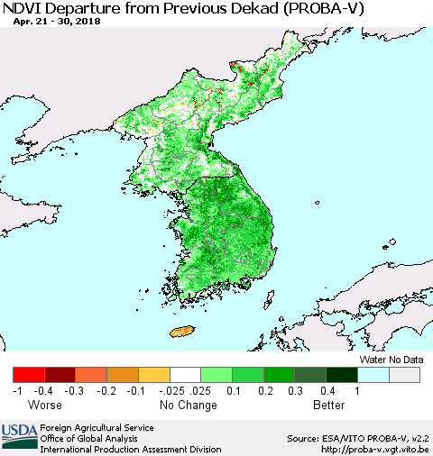 Korea NDVI Departure from Previous Dekad (PROBA-V) Thematic Map For 4/21/2018 - 4/30/2018