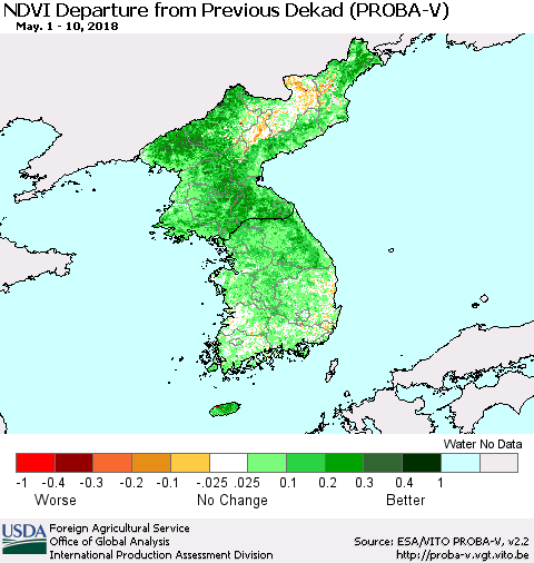Korea NDVI Departure from Previous Dekad (PROBA-V) Thematic Map For 5/1/2018 - 5/10/2018