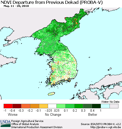 Korea NDVI Departure from Previous Dekad (PROBA-V) Thematic Map For 5/11/2018 - 5/20/2018