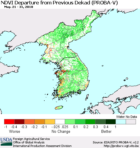 Korea NDVI Departure from Previous Dekad (PROBA-V) Thematic Map For 5/21/2018 - 5/31/2018