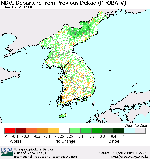 Korea NDVI Departure from Previous Dekad (PROBA-V) Thematic Map For 6/1/2018 - 6/10/2018