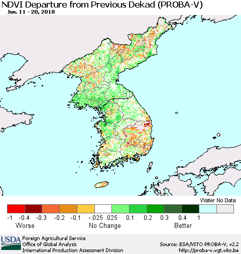 Korea NDVI Departure from Previous Dekad (PROBA-V) Thematic Map For 6/11/2018 - 6/20/2018