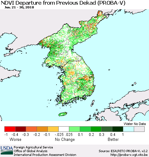 Korea NDVI Departure from Previous Dekad (PROBA-V) Thematic Map For 6/21/2018 - 6/30/2018