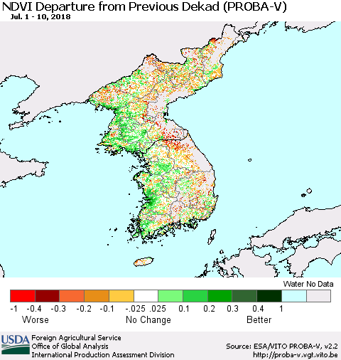 Korea NDVI Departure from Previous Dekad (PROBA-V) Thematic Map For 7/1/2018 - 7/10/2018
