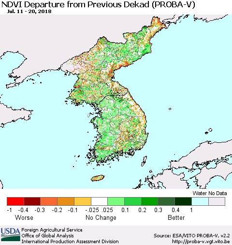 Korea NDVI Departure from Previous Dekad (PROBA-V) Thematic Map For 7/11/2018 - 7/20/2018