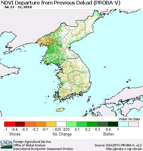 Korea NDVI Departure from Previous Dekad (PROBA-V) Thematic Map For 7/21/2018 - 7/31/2018