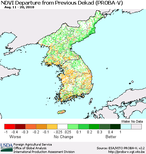 Korea NDVI Departure from Previous Dekad (PROBA-V) Thematic Map For 8/11/2018 - 8/20/2018