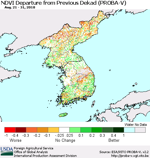 Korea NDVI Departure from Previous Dekad (PROBA-V) Thematic Map For 8/21/2018 - 8/31/2018