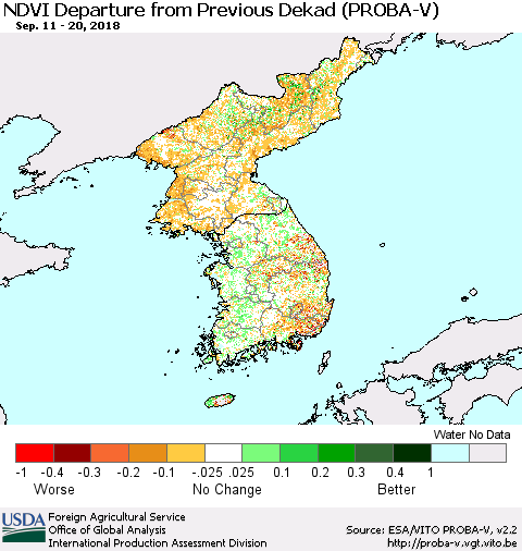 Korea NDVI Departure from Previous Dekad (PROBA-V) Thematic Map For 9/11/2018 - 9/20/2018