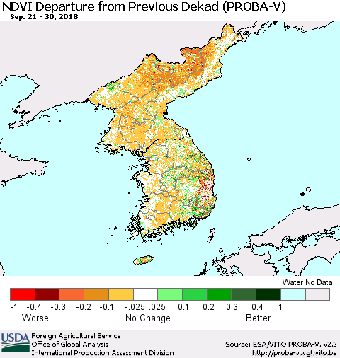 Korea NDVI Departure from Previous Dekad (PROBA-V) Thematic Map For 9/21/2018 - 9/30/2018