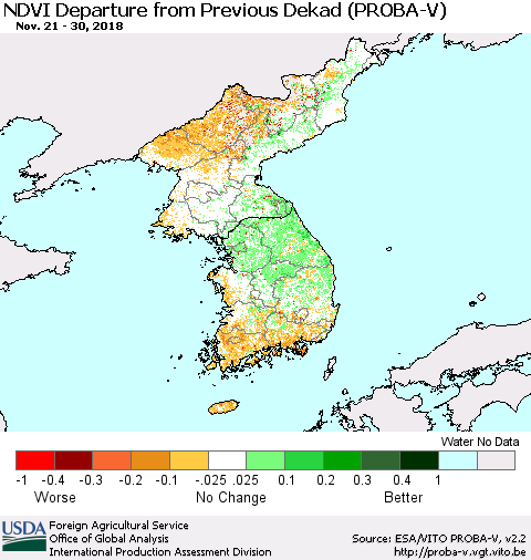 Korea NDVI Departure from Previous Dekad (PROBA-V) Thematic Map For 11/21/2018 - 11/30/2018