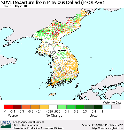 Korea NDVI Departure from Previous Dekad (PROBA-V) Thematic Map For 12/1/2018 - 12/10/2018