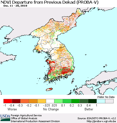 Korea NDVI Departure from Previous Dekad (PROBA-V) Thematic Map For 12/11/2018 - 12/20/2018