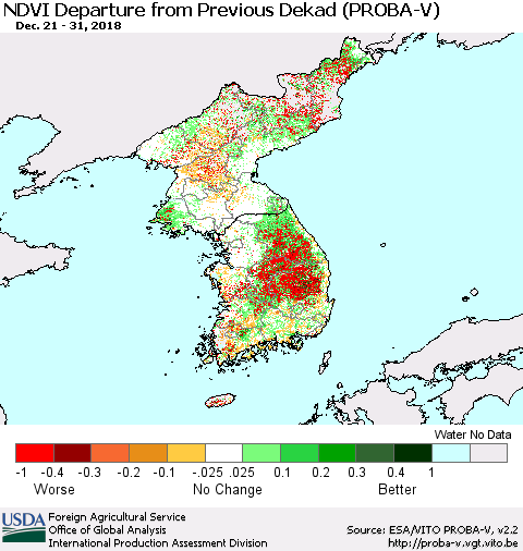 Korea NDVI Departure from Previous Dekad (PROBA-V) Thematic Map For 12/21/2018 - 12/31/2018