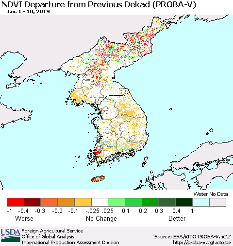 Korea NDVI Departure from Previous Dekad (PROBA-V) Thematic Map For 1/1/2019 - 1/10/2019
